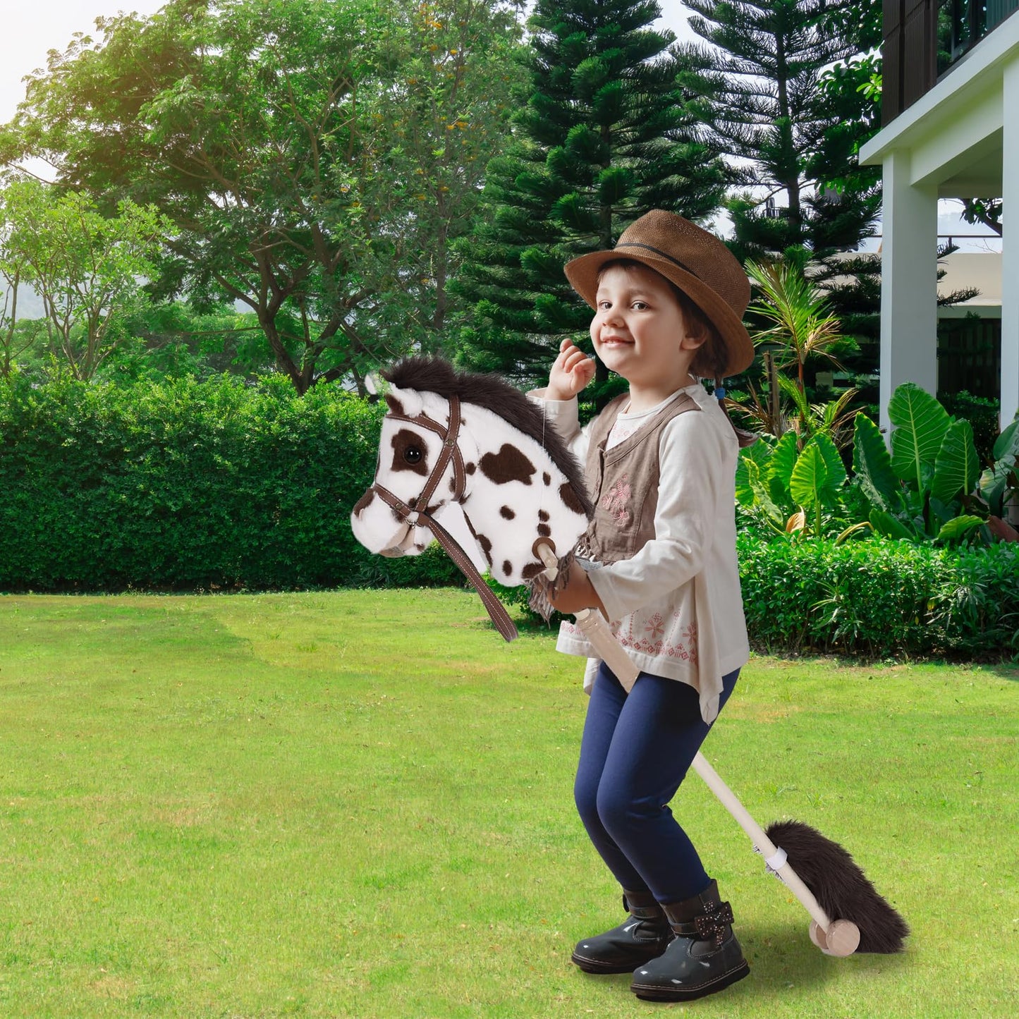 Plyfou Stick Horse With Realistic Sound Effects, Hobby Horse, Wooden Pole, Handle, And Wheels, 38    Tall Horse Toys Gift For Ki