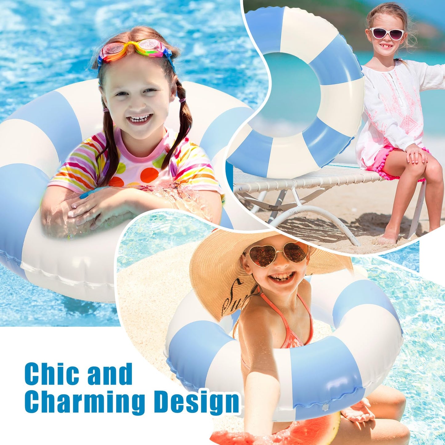 Whaline 4Pcs White Blue Inflatable Swimming Float Toys Classic Striped Swim Rings Fun Prints Pool Loungers Tube For Kids Boys Gi