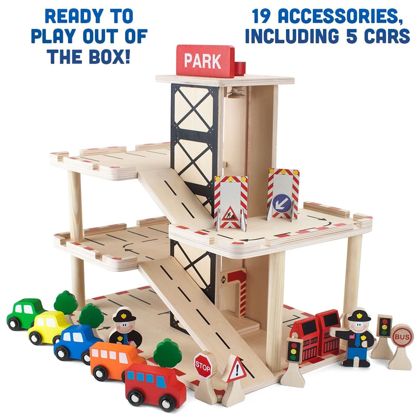 Imagination Generation Wooden Parking Garage Playset with Elevator & Accessories, 19 pcs, TSTR-002, Ideal for Mini Toy Cars