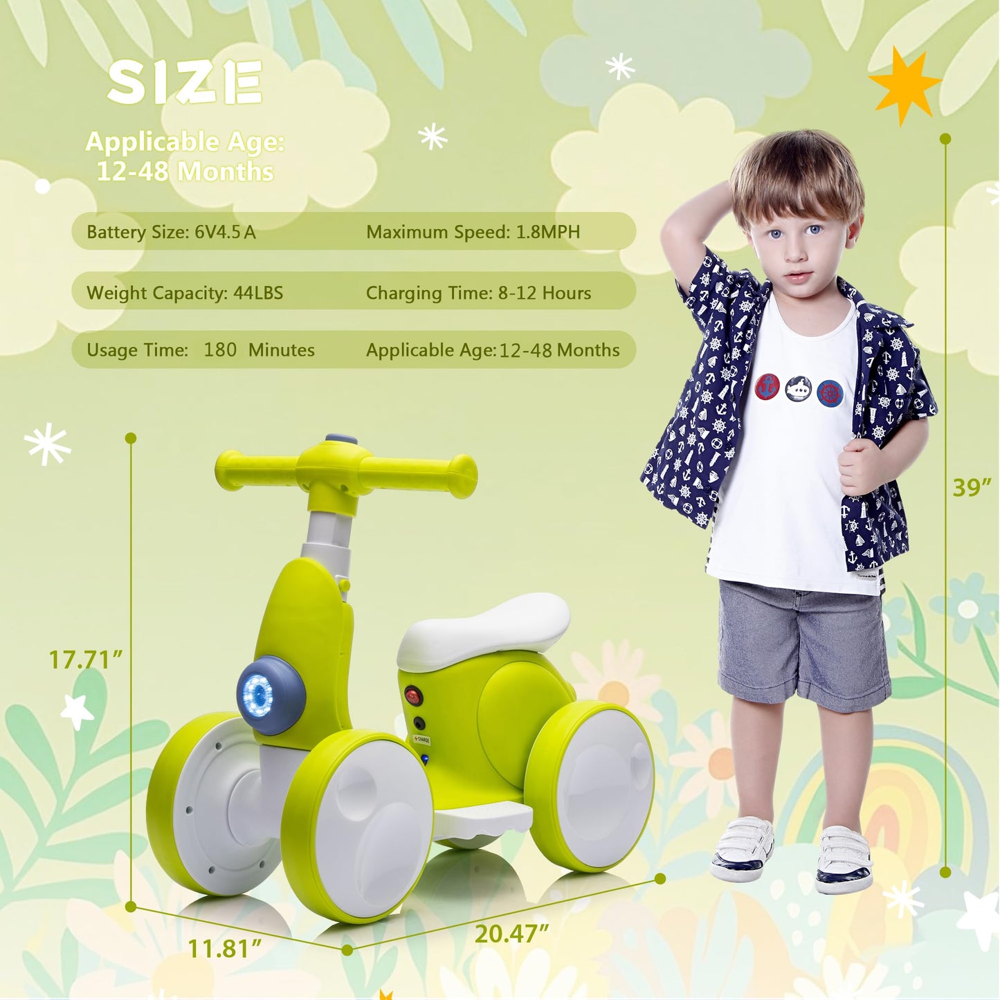 6V Electric Baby Balance Bike for 1 Year Old Boys Girls Ride on Toys 12-48 Months Toddler Balance Bike, 4 Wheels Kids First Bike