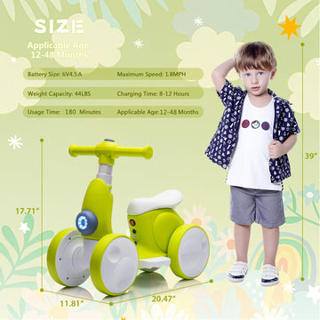 6V Electric Baby Balance Bike for 1 Year Old Boys Girls Ride on Toys 12-48 Months Toddler Balance Bike, 4 Wheels Kids First Bike
