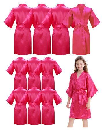 IVRRISS 10pcs Kid Girls Spa Costume Party Robes Set Silky Plain Kimono Robes for Wedding Birthday(rosa,14)