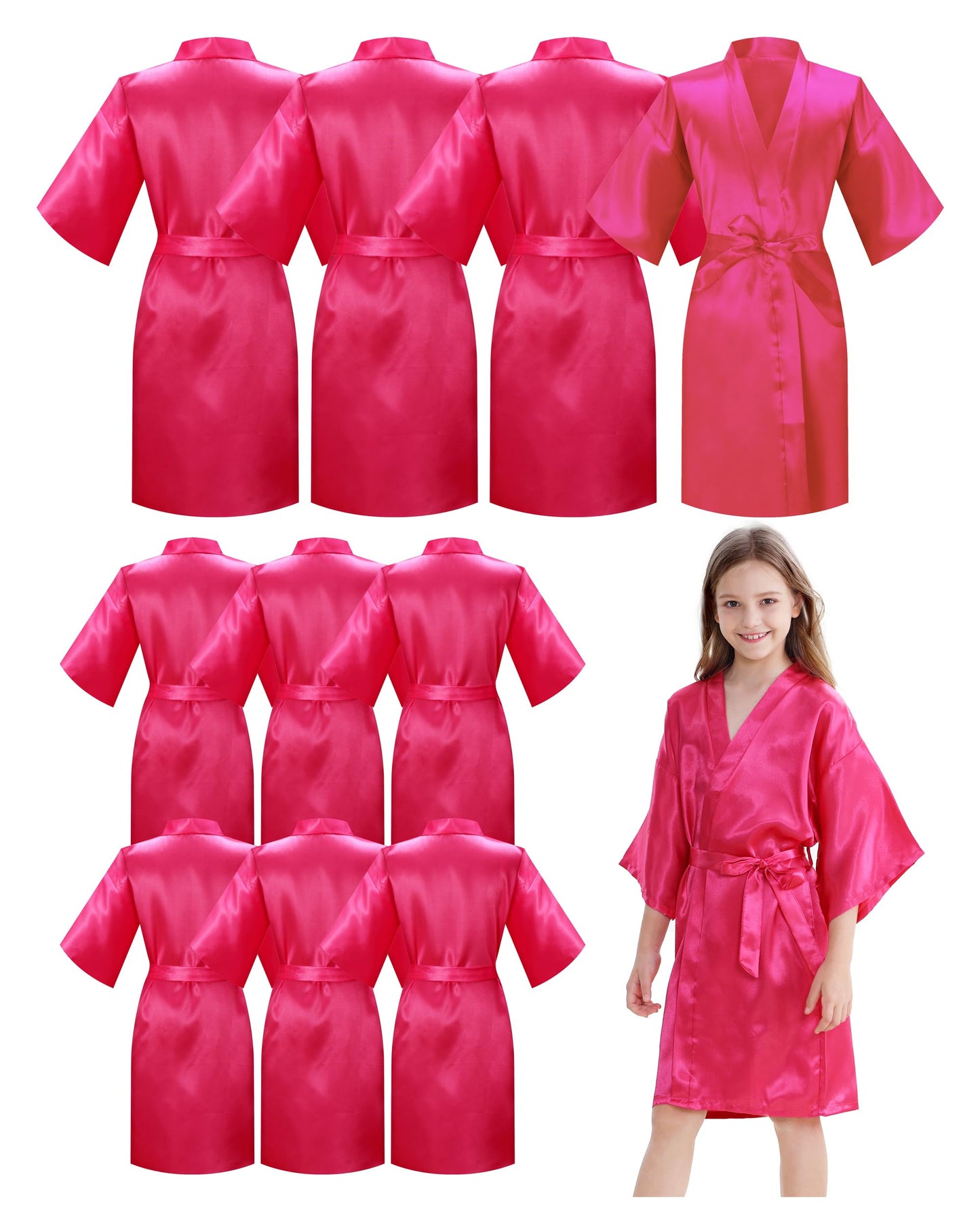 IVRRISS 10pcs Kid Girls Spa Costume Party Robes Set Silky Plain Kimono Robes for Wedding Birthday(rosa,8)