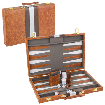 Buweeo Backgammon Set, 15 Inch Portable Board Game With Pu Leather Case For Adults, Brown Backgammon Travel Set