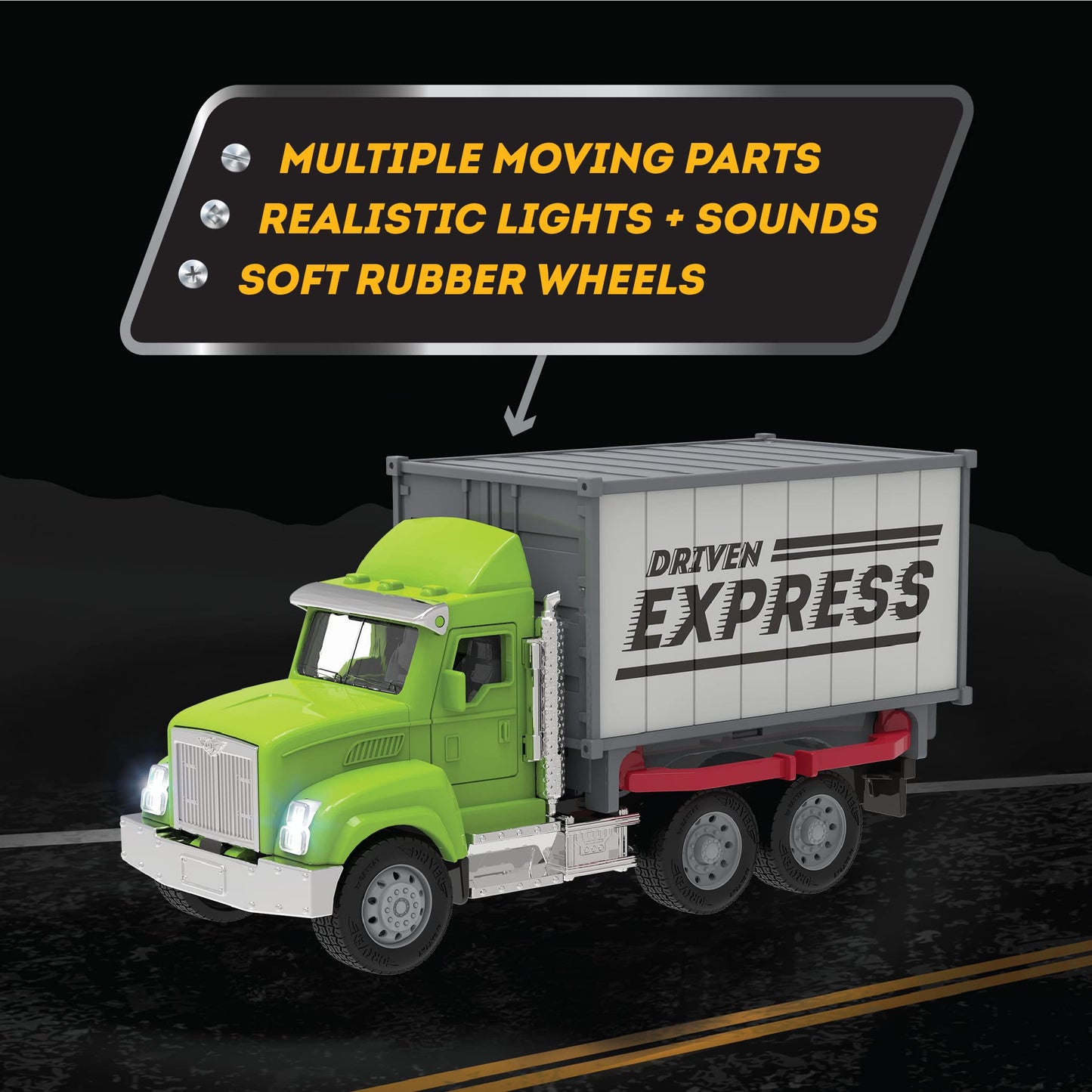 Driven by Battat Toy Container Truck with Lights & Sounds, Green, Model WH1211C6Z, Realistic Movable Parts, for Kids 3 Years +