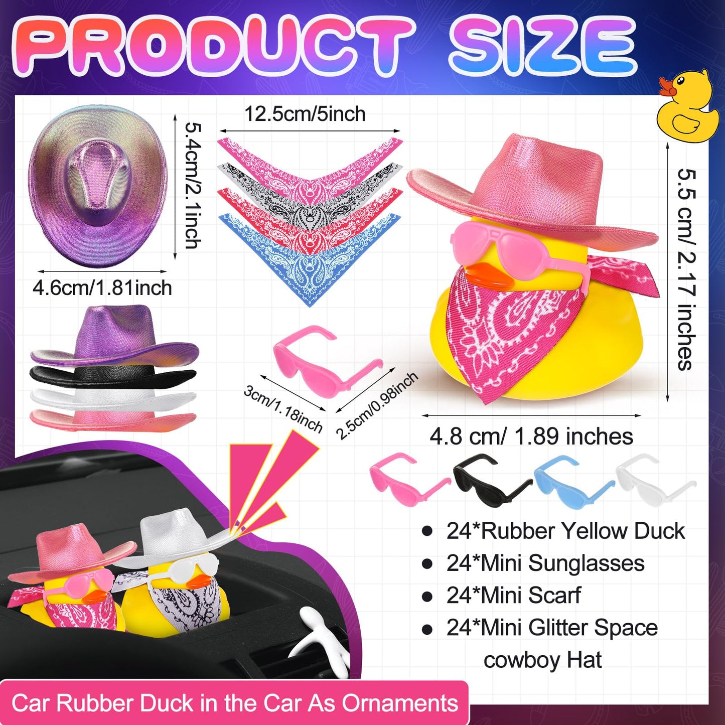 Hanaive 24 Sets Disco Cowboy Rubber Duck with Light up Mini Holographic Space Hat Scarf Sunglasses Cute Bath Rubber Duck Bathtub Accessories Toy Baby Shower Birthday Christmas Supplies (Bright Neon)
