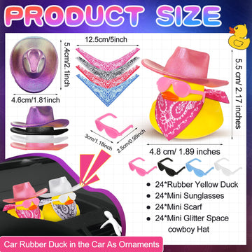 Hanaive 24 Sets Disco Cowboy Rubber Duck with Light up Mini Holographic Space Hat Scarf Sunglasses Cute Bath Rubber Duck Bathtub Accessories Toy Baby Shower Birthday Christmas Supplies (Bright Neon)