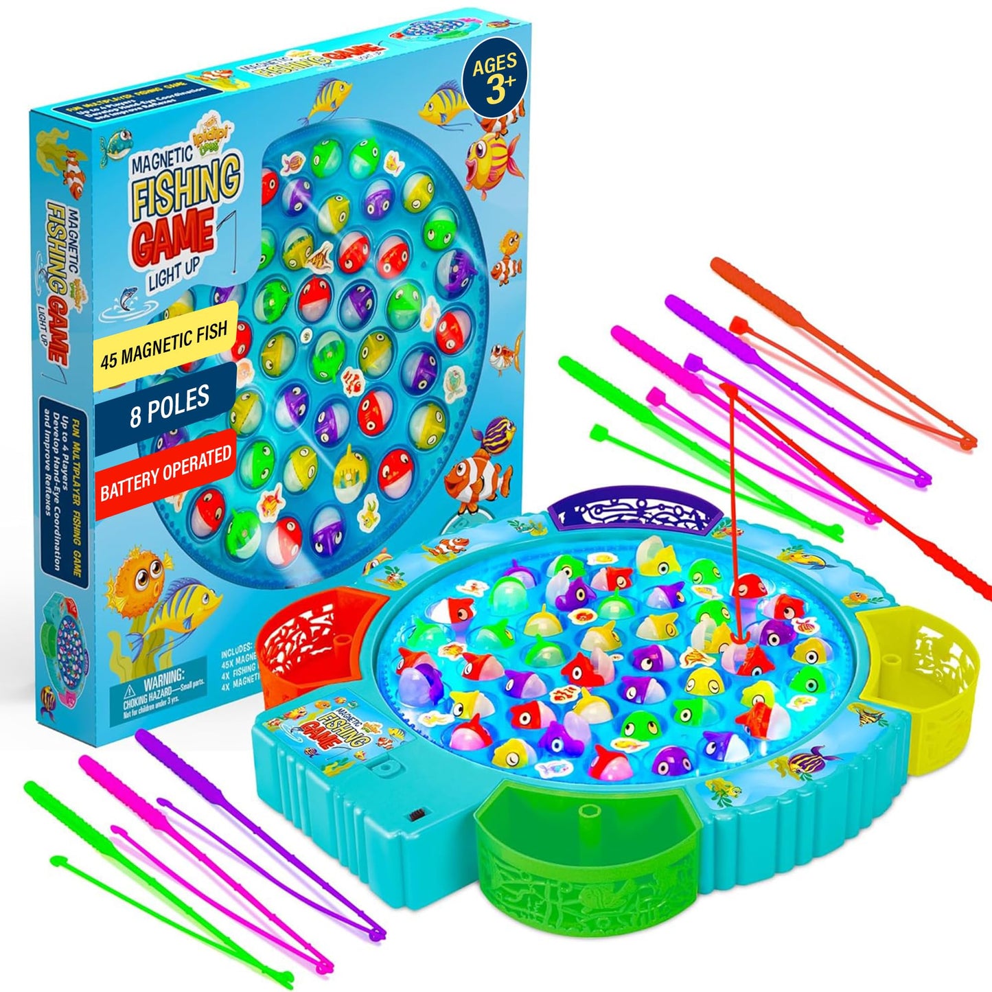 IPIDIPI TOYS Fishing Game for Kids - Light Up Magnetic Board with Music, 45 Fish, 8 Poles, Multicolor