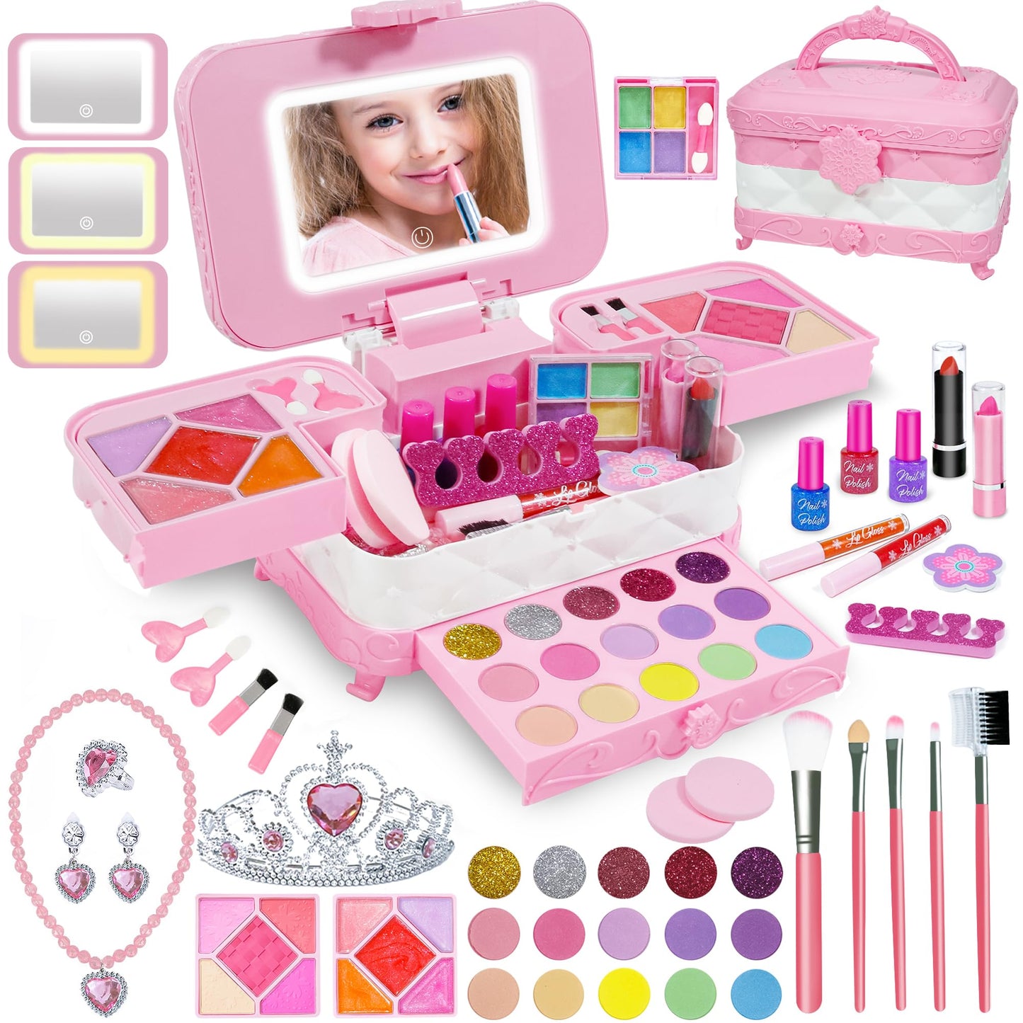 Kids Makeup Kit for Girl with 3-Color LED Lighted Makeup Mirror, DAUXONE  60 Pcs Makeup Set for Girls,Real & Washable Kids Makeu