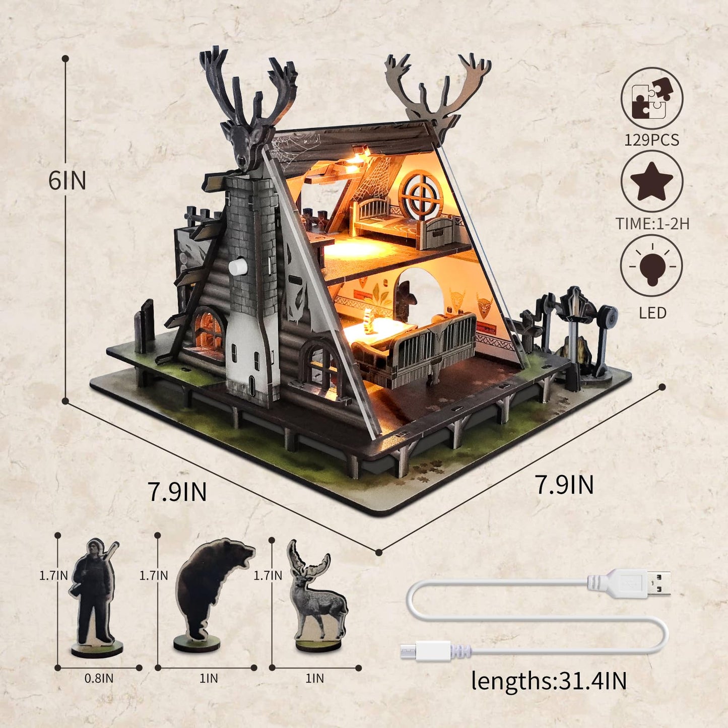 Model Kit mature-themed Miniature House Kit  Doll Houses Book Nook DIY Kit with Furniture and USB -LED Light  Bookshelf Miniature Scenes  Dollhouse Kits for mature-themeds  Children (Hunting-Cabin)