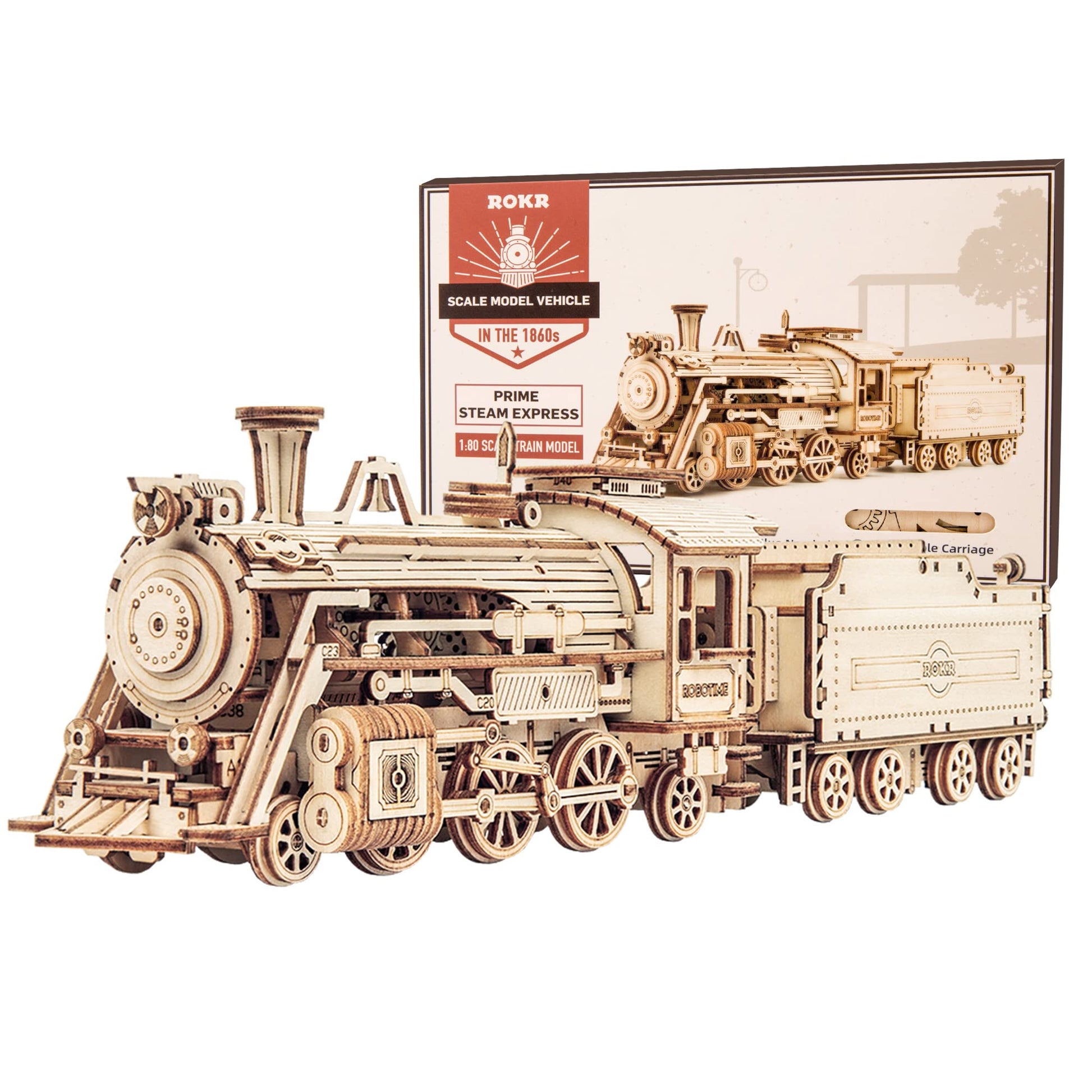 Rokr 3D Wooden Puzzle For Adults-Mechanical Train Model Kits-Brain Teaser Puzzles-Vehicle Building Kits-Unique Gift For Kids On Birthday/Christmas Day(1:80 Scale)(Mc501-Prime Steam Express)