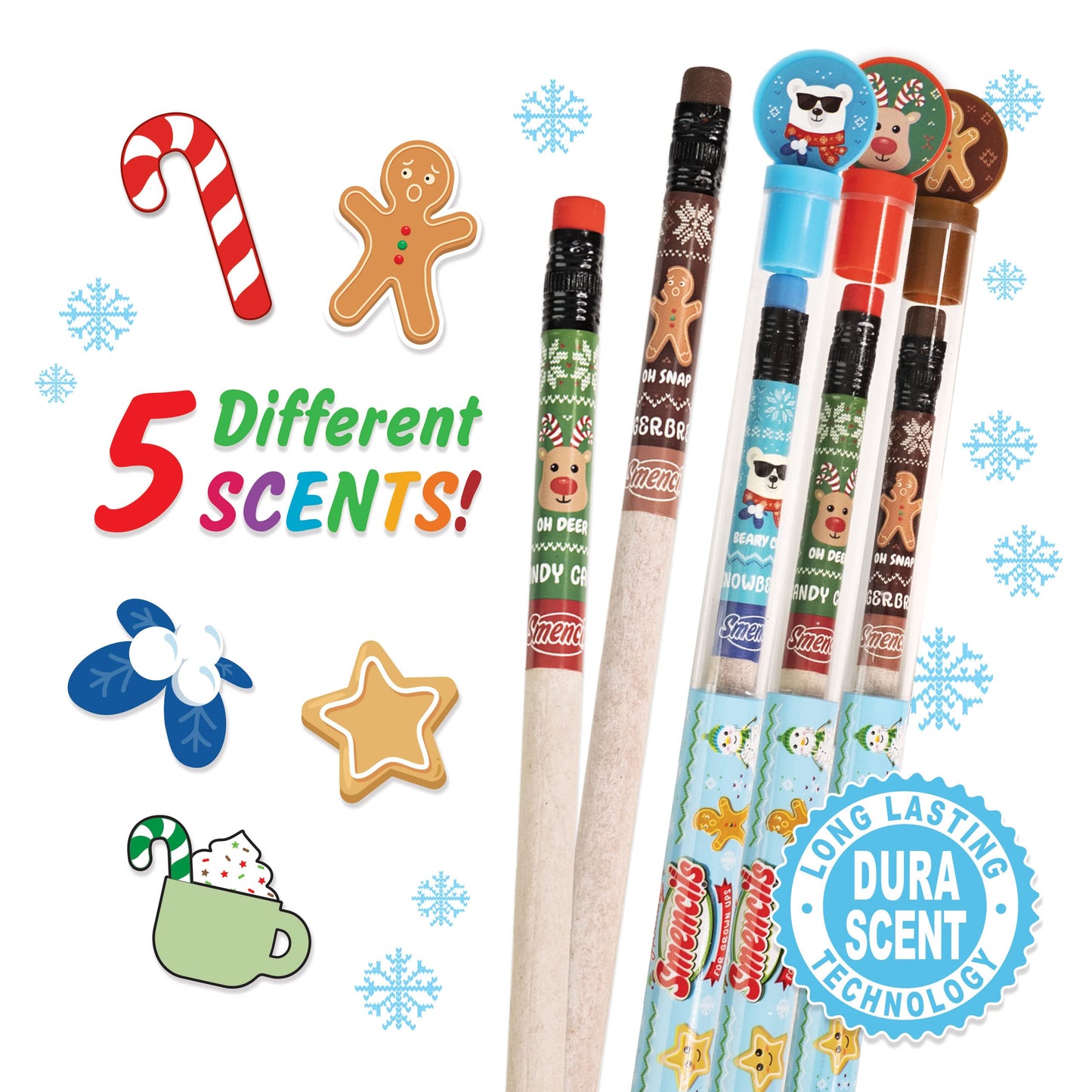 Holiday Smencils for Grown Ups - HB #2 Patented Gourmet Scented Fun Pencils, 5 Count - Stocking Stuffer, White Elephant Gifts fo