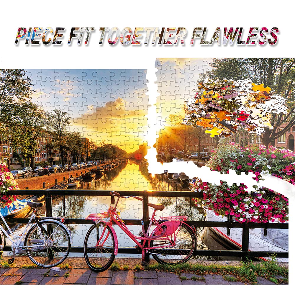 SiTimmGer Puzzles for mature-themeds Jigsaw 500 Piece Spring Flower Quiet River Sunrise Picturesque Amsterdam with Bicycles Landscape 500 Piece Puzzle Art for Family Fun mature-themed Kids Puzzle Games 14.5 x 20