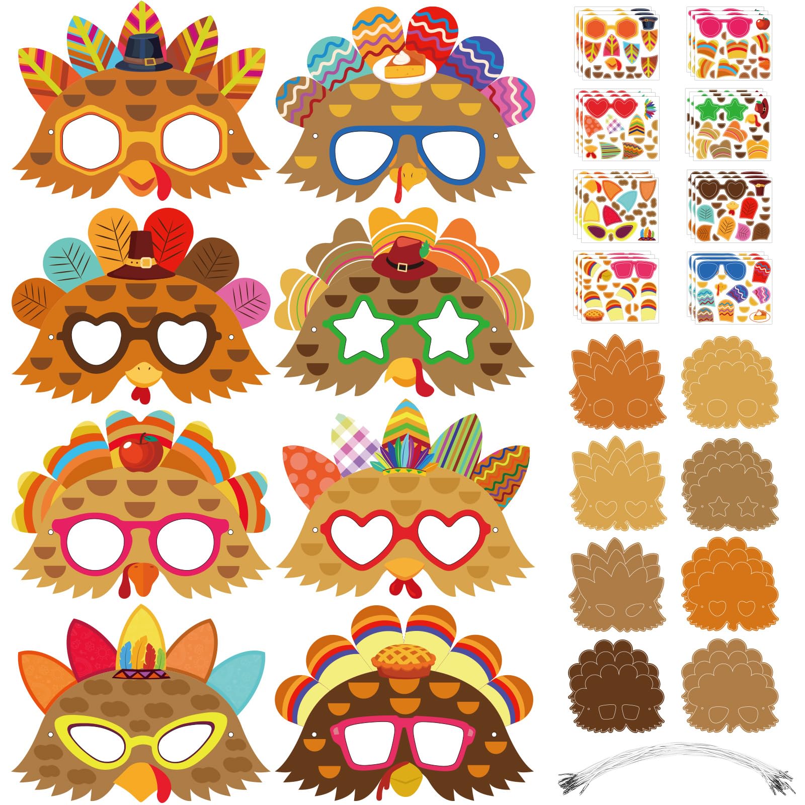 Jansun 24 PCS Thanksgiving Turkey Masks Craft Kit, DIY Paper Thanksgiving Crafts for Kids Make Your Own Turkey Mask Fall Party F