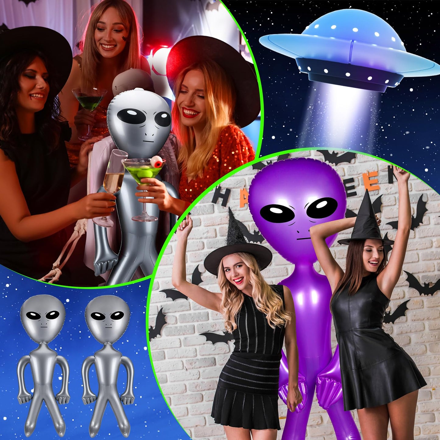 Zhanmai 4Pcs 35/63 Inch Inflatable Alien Balloons, Pvc Silver, Purple, For Party Decorations, Halloween, Birthday, Christmas, Unisex