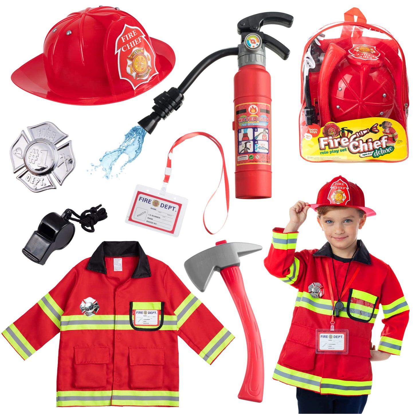 Born Toys 8 PC enhanced Washable Kids Fireman Costume Toy for Kids Boys Girls Toddlers  and Children with Complete Firefighter Accessories