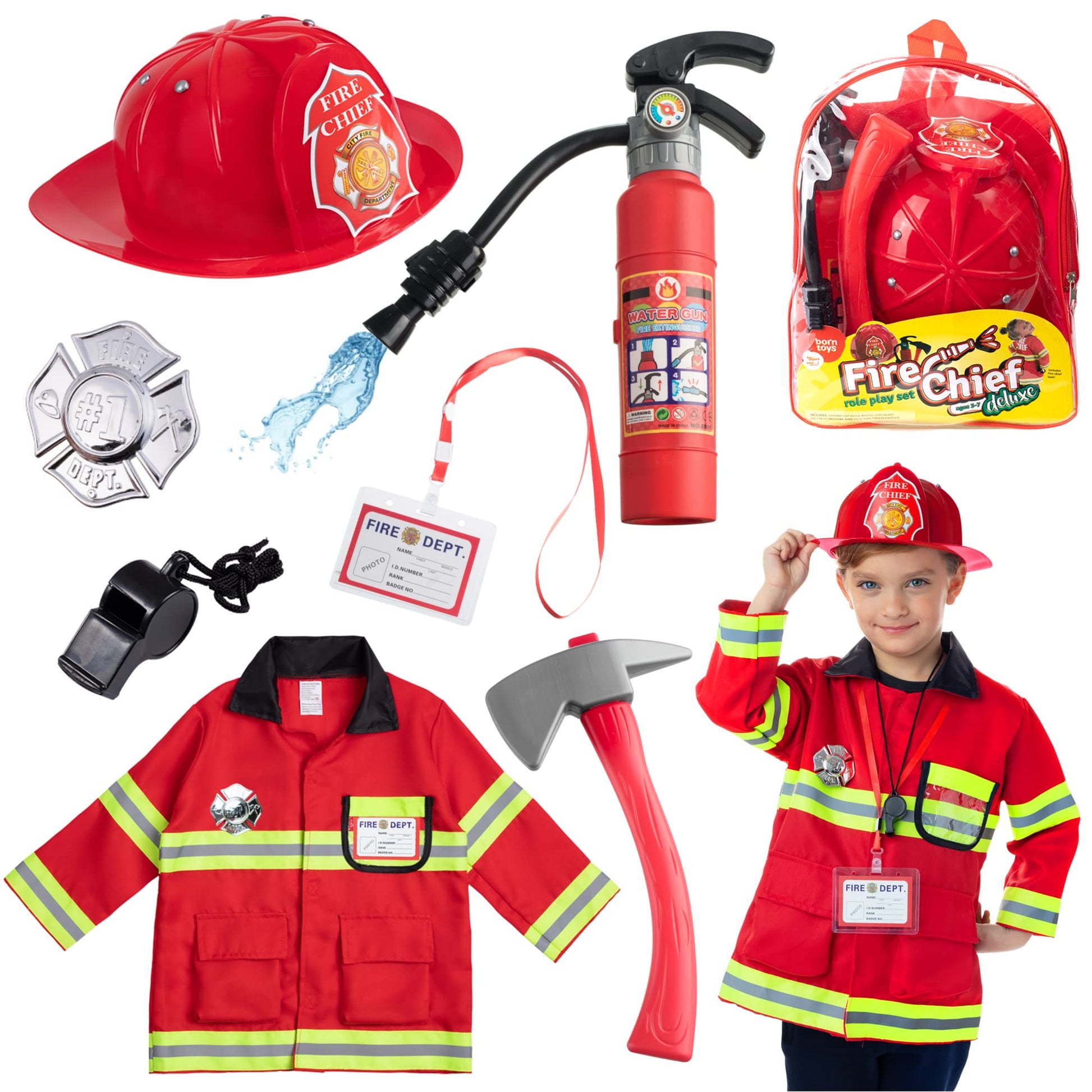 Born Toys 8 PC enhanced Washable Kids Fireman Costume Toy for Kids Boys Girls Toddlers  and Children with Complete Firefighter Accessories