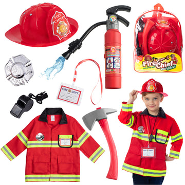 Born Toys 8 PC enhanced Washable Kids Fireman Costume Toy for Kids Boys Girls Toddlers  and Children with Complete Firefighter Accessories