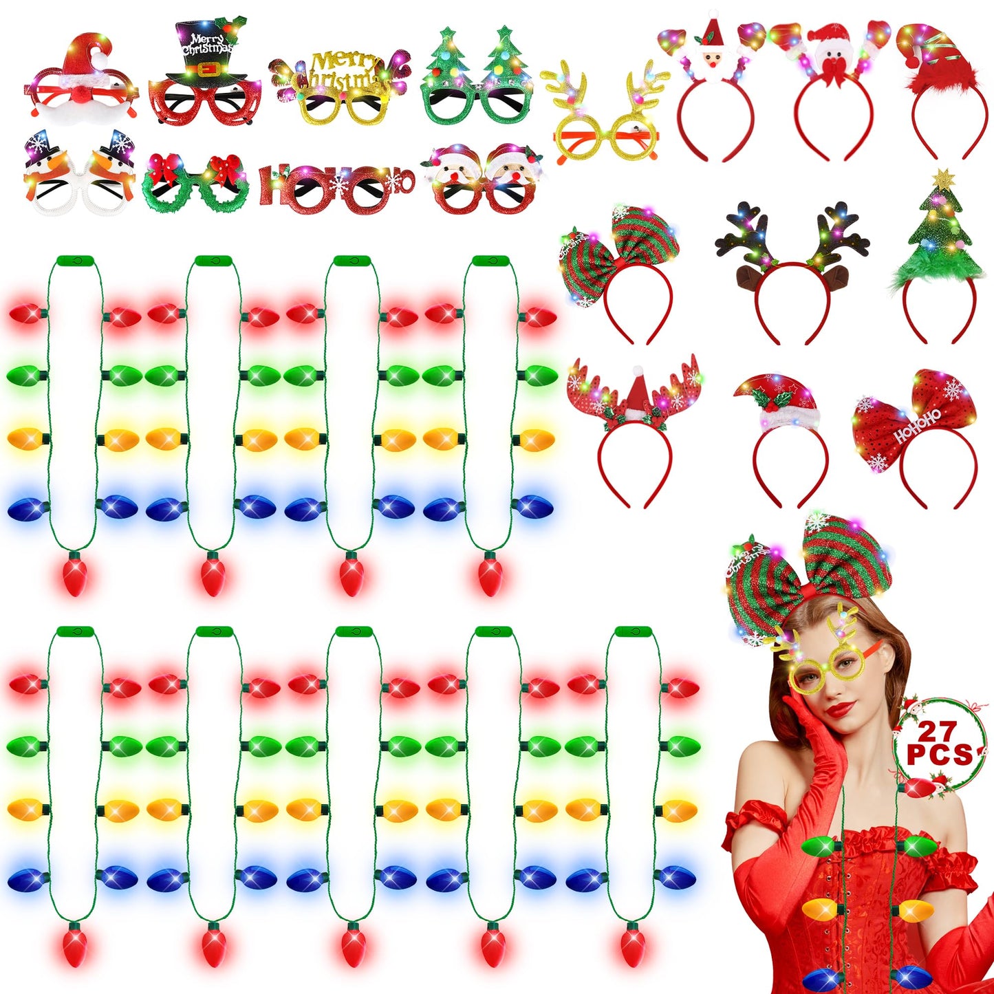 27 PCS Christmas Party Favors, Light Up Xmas Necklace Headband Glasses Set, Xmas Bulb Necklace Antler Lights Headbands LED Flash