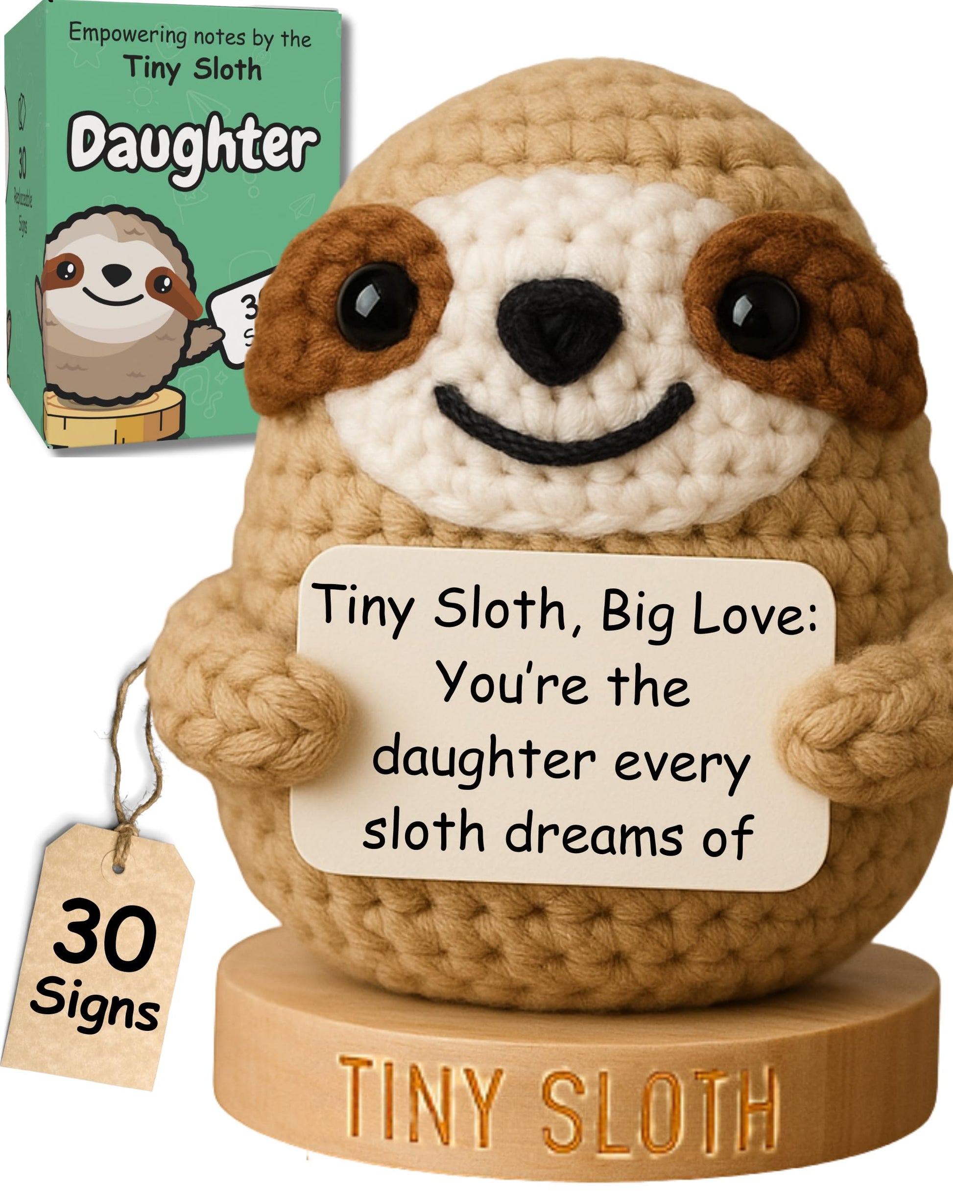 Gifts for Daughter - Tiny Crochet Sloth Doll with 30 Encouraging Messages - Emotional Support for Teenage Girl or mature-themed Step Bonus Daughter Stepdaughter - Christmas or Birthday Gift from Mom and Dad