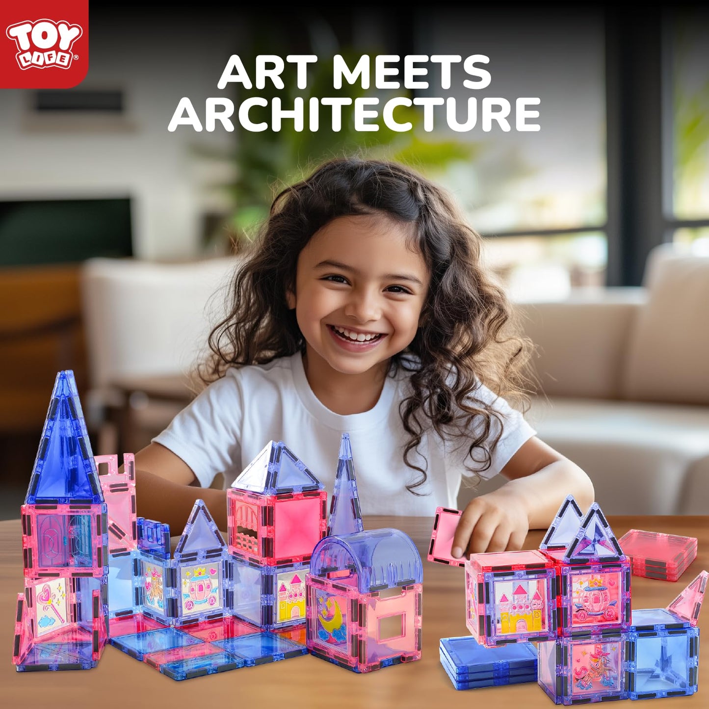 Toy Life Magnetic Tiles 68Pcs Princess Castle Magnet Tiles With Windows Art, Building Toys Girls Magnetic Tile For Toddlers 3+, Magnetic Tile Art For Kids Ages 4-8, Craft Toys Gifts For Kid
