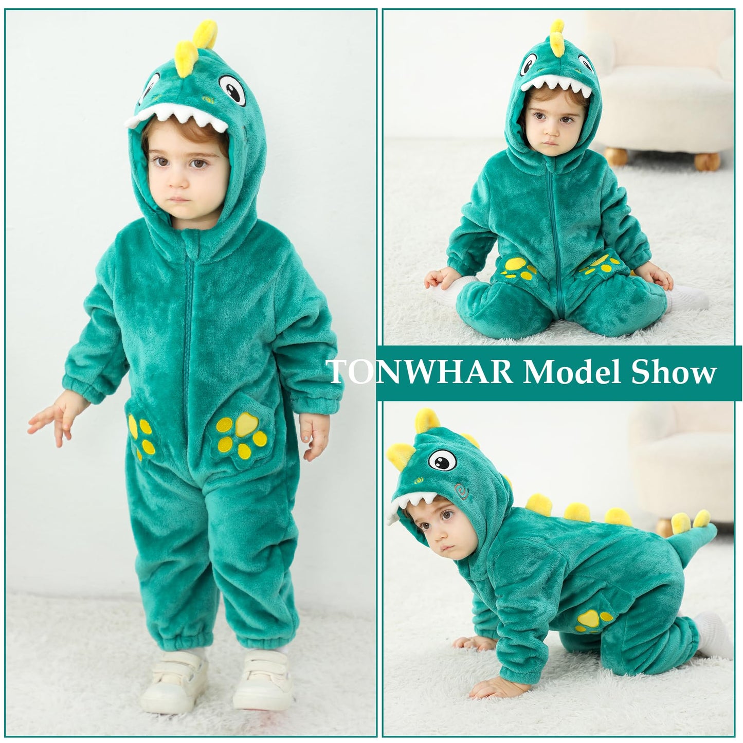 Tonwhar Kid'S And Toddler'S Costume Baby Animal Outfit Baby Boys' Girls' One-Piece Rompers Jumpsuit(12-18M,Green Dinosaur)