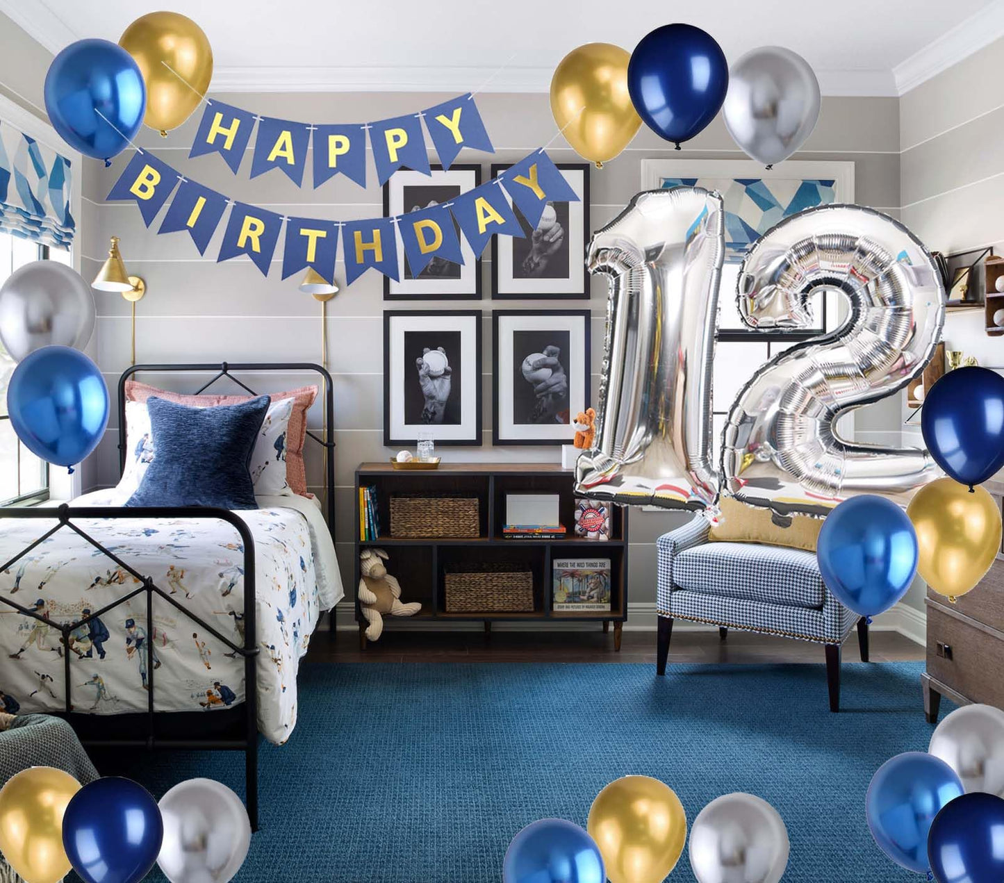 12Th Birthday Party Decoration For Boys, Birthday Banner Blue Number 12 Birthday Balloons Metallic Silver Blue Gold Latex Balloo