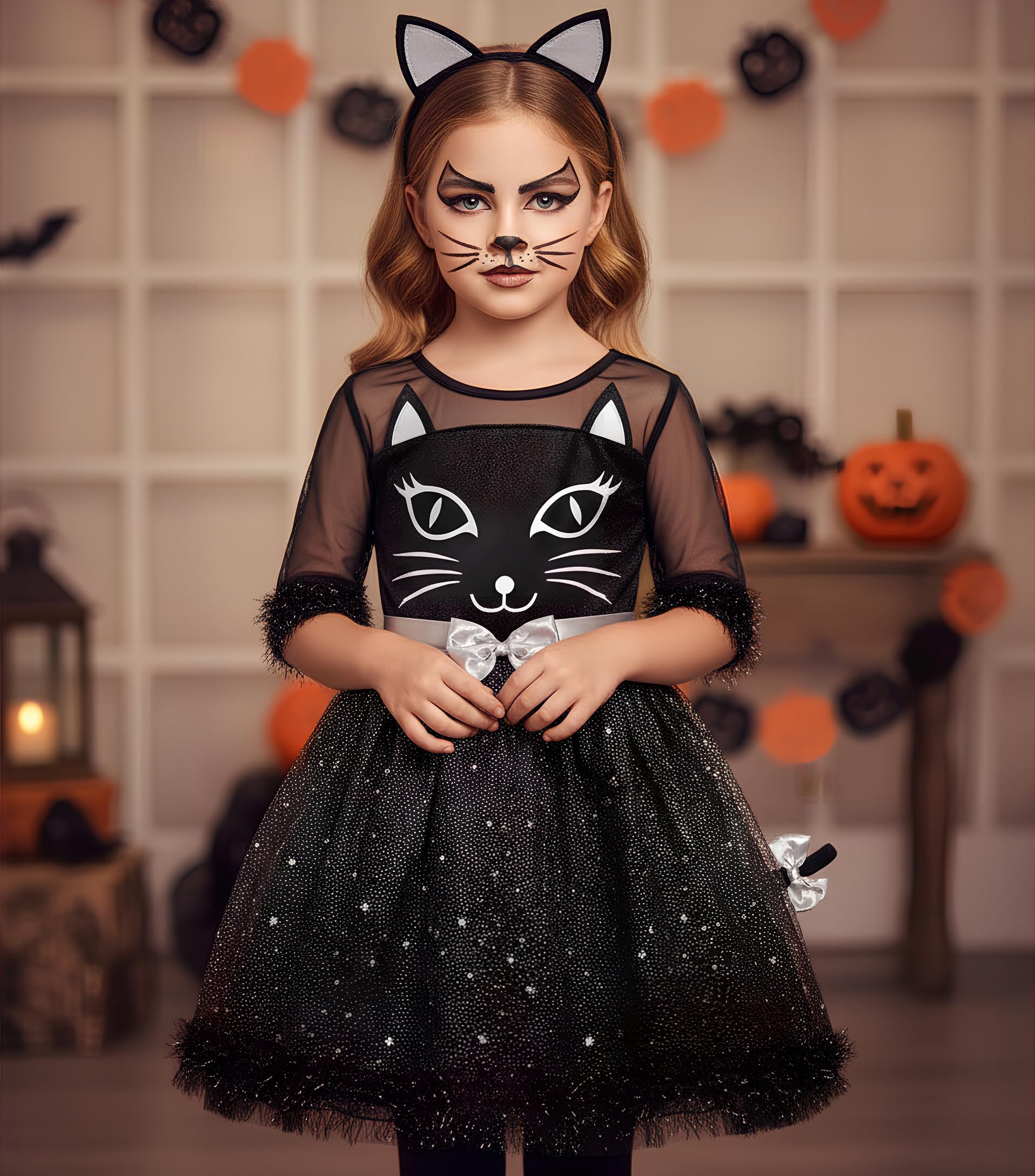 Neilyoshop Girls Cat Costume Kids Black Cat Dress Animals Costume Set For Halloween Dress up