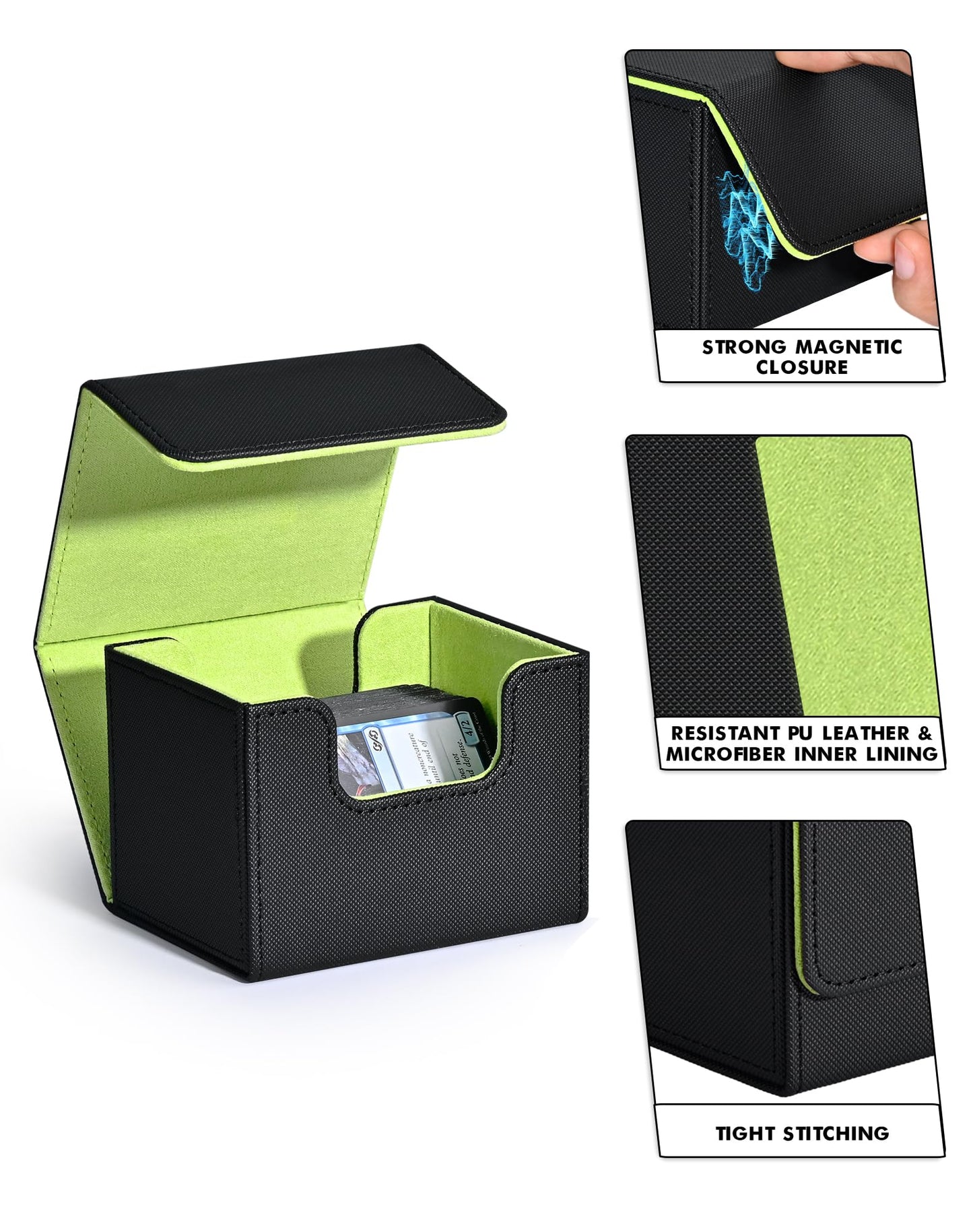 Zlca Card Deck Box For Trading Cards, Mtg Commander Deck Box Holds 120+ Single Sleeved Cards, Leather Magnetic Card Storage Box Fits For Tcg Ccg Magic Cards (Black& Green)