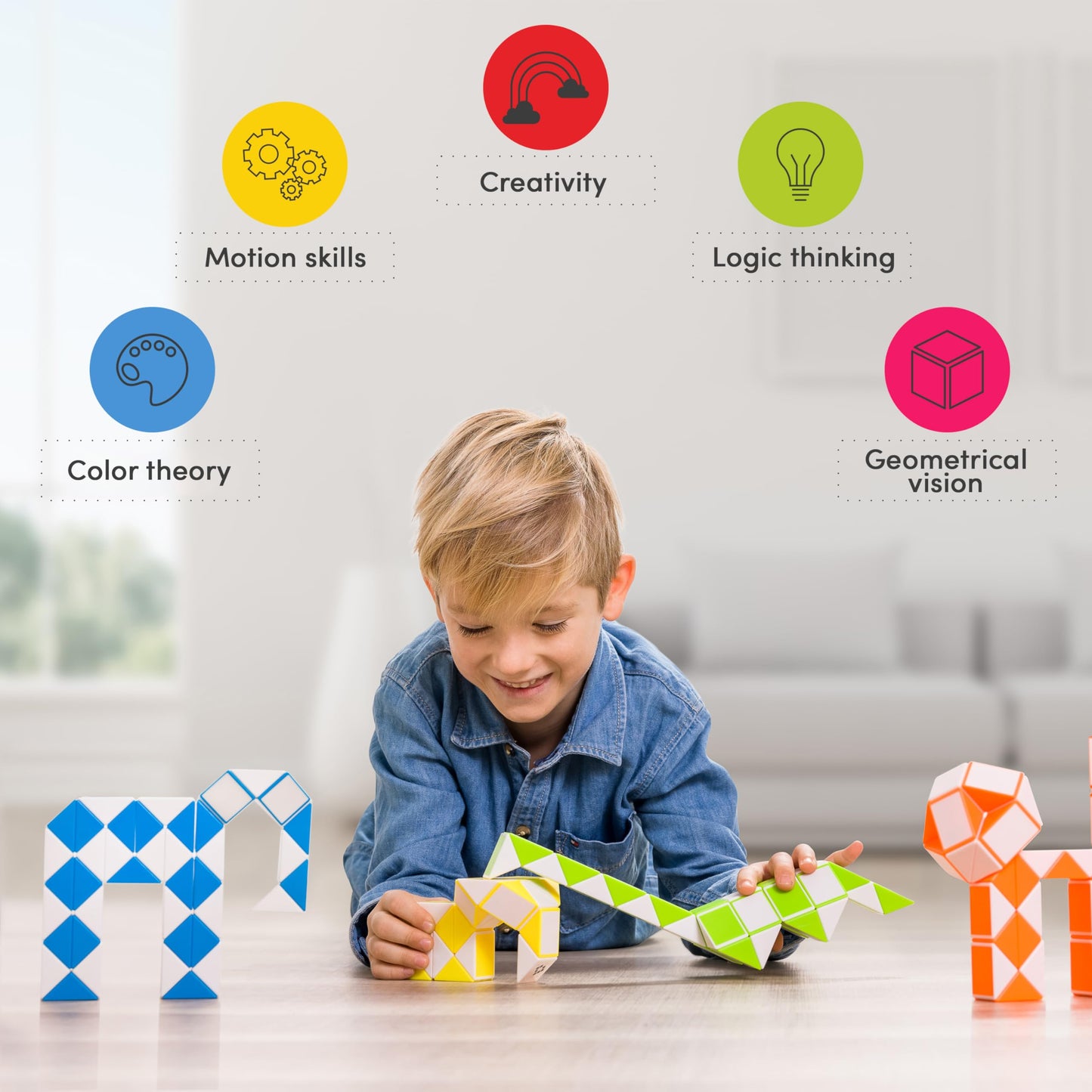 Cubidi® Magic Snake Cube | Fidget Snake Toy For Kids | Travel Toys For Kids Ages 4-8 | Great Gift For Boys And Girls Birthday, Christmas, Stocking Stuffers - 24 Blocks | 0.9 Inch X 0.7 Inch | Blue