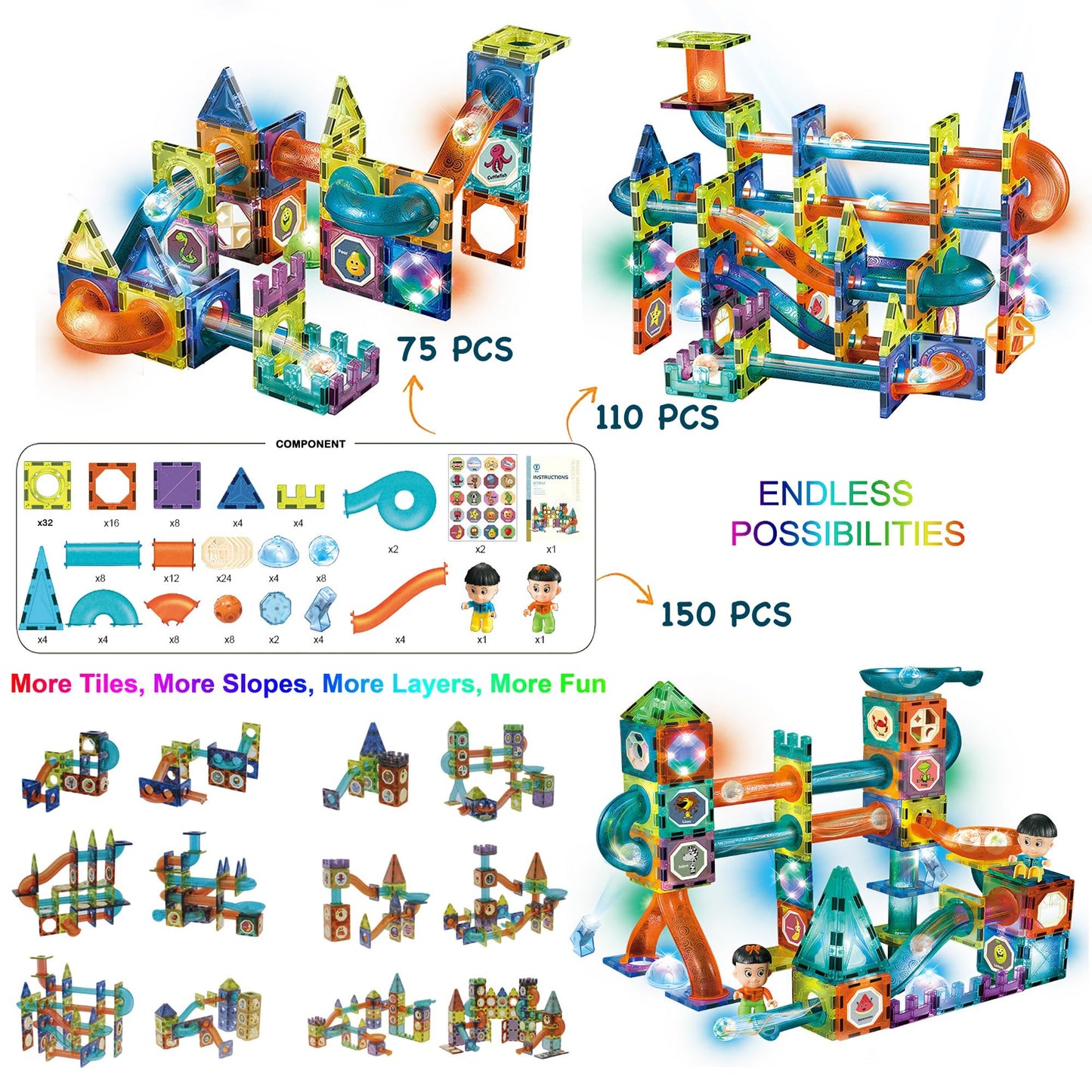 Glowing Magnetic Tiles Marble Run Race Track Super Set - 150 Complete Pieces Glow In The Dark Stem Magnetic Building Blocks Gravity Marble Maze Games For Toddlers Kids Boys Girls Ages 3+ Years