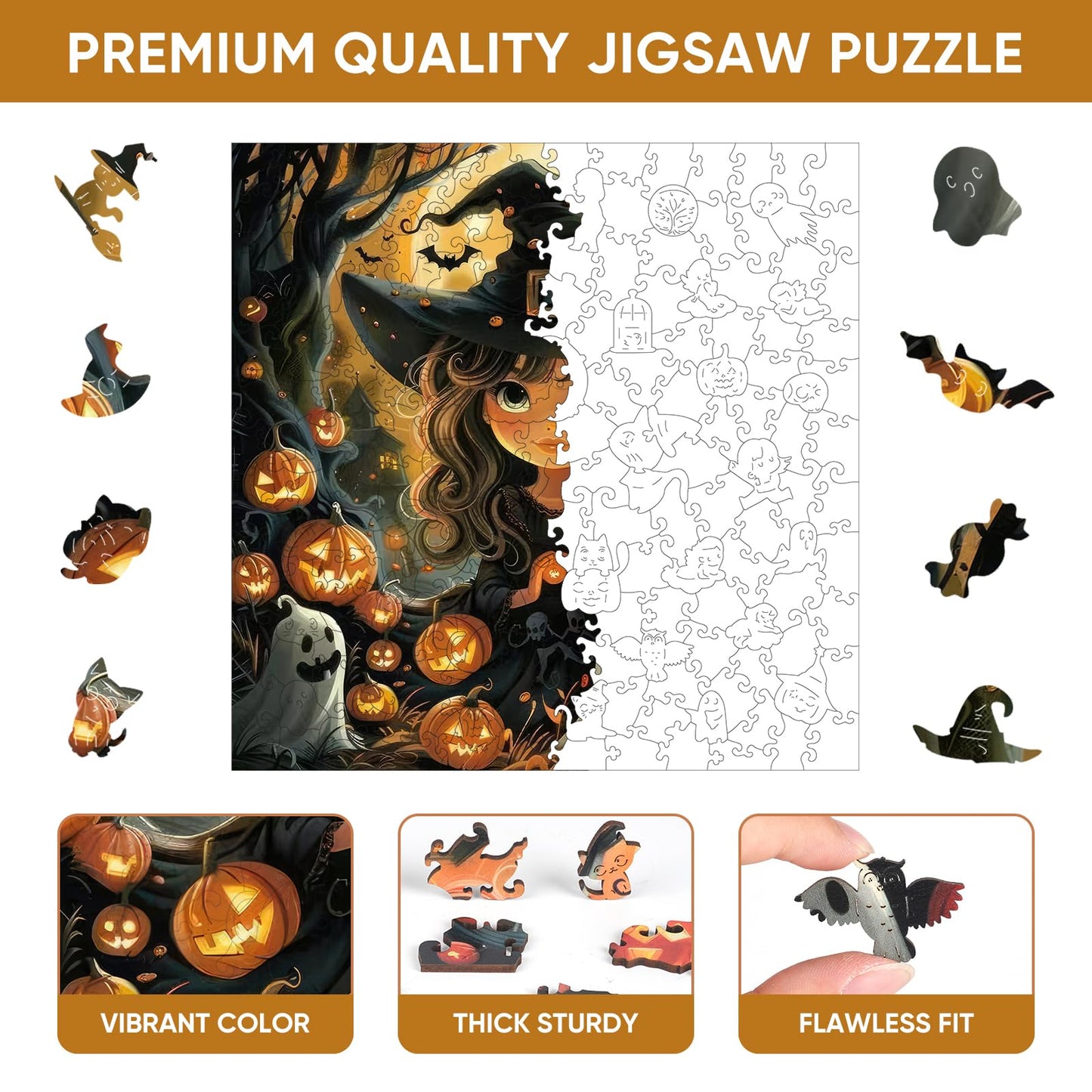 Halloween Wooden Puzzle for mature-themeds 500pcs  Pumpkin Wooden Jigsaw Puzzles(15.9 * 15.9in)  Beautiful Wooden Puzzle with Box Birthday Gifts for mature-themeds and Kids Family Game