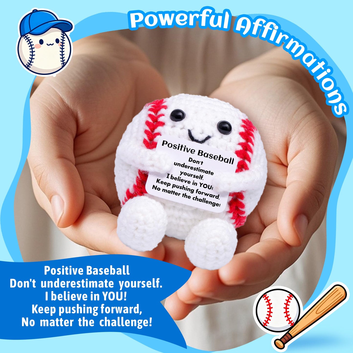 Mini Funny Positive Baseball Gifts  Knitted Wool Baseball Crochet Toy with Positive Card  Creative Cute Emotional Support Cheer Up Keepspirit-inspired flavor Gift for Kids Boys Men College Temmate