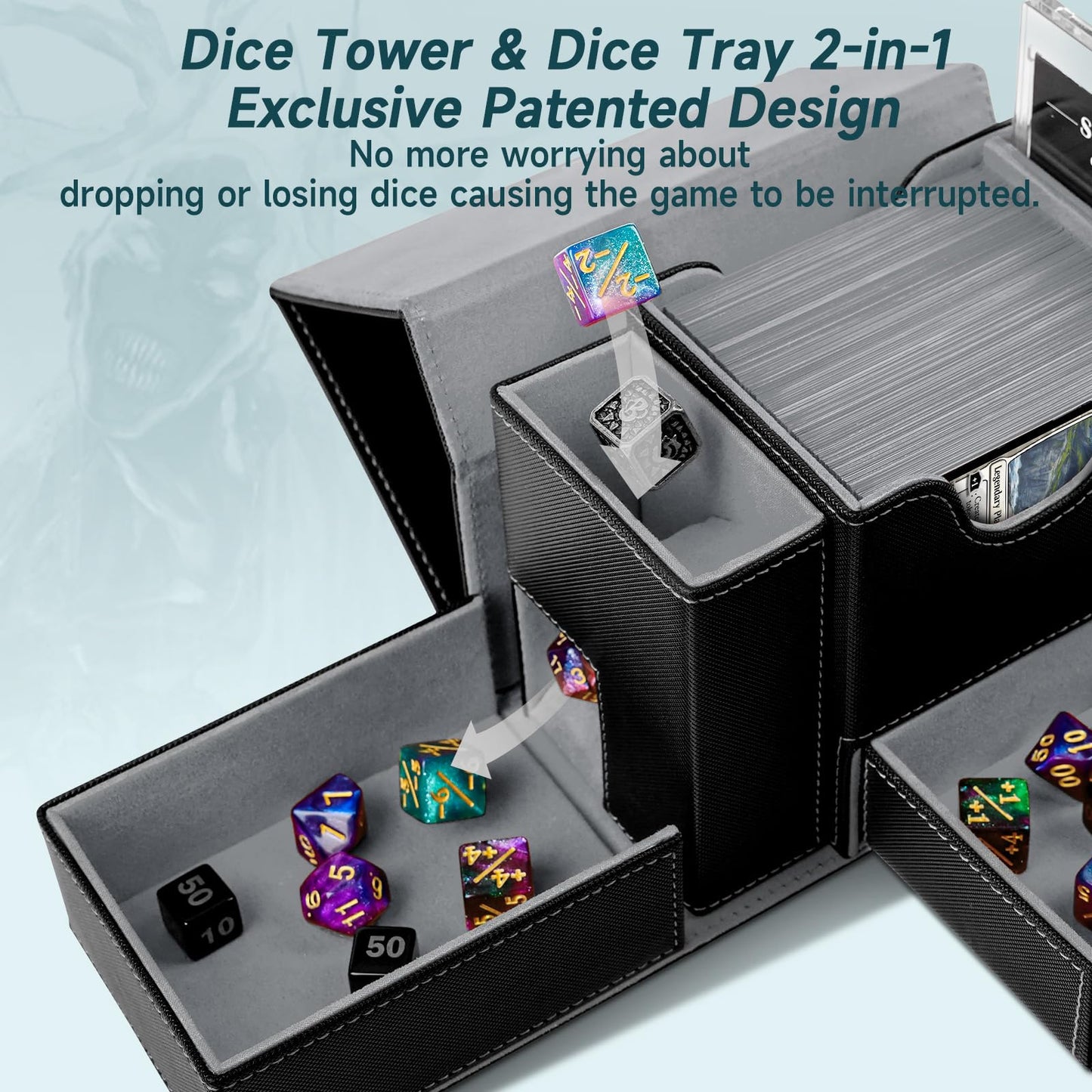 Mtg Deck Box, Dice Tray & Tower 2 In 1 Mtg Commander Deck Box Fits 120+ Single Sleeved Cards, Leather Magnetic Closure Card Deck