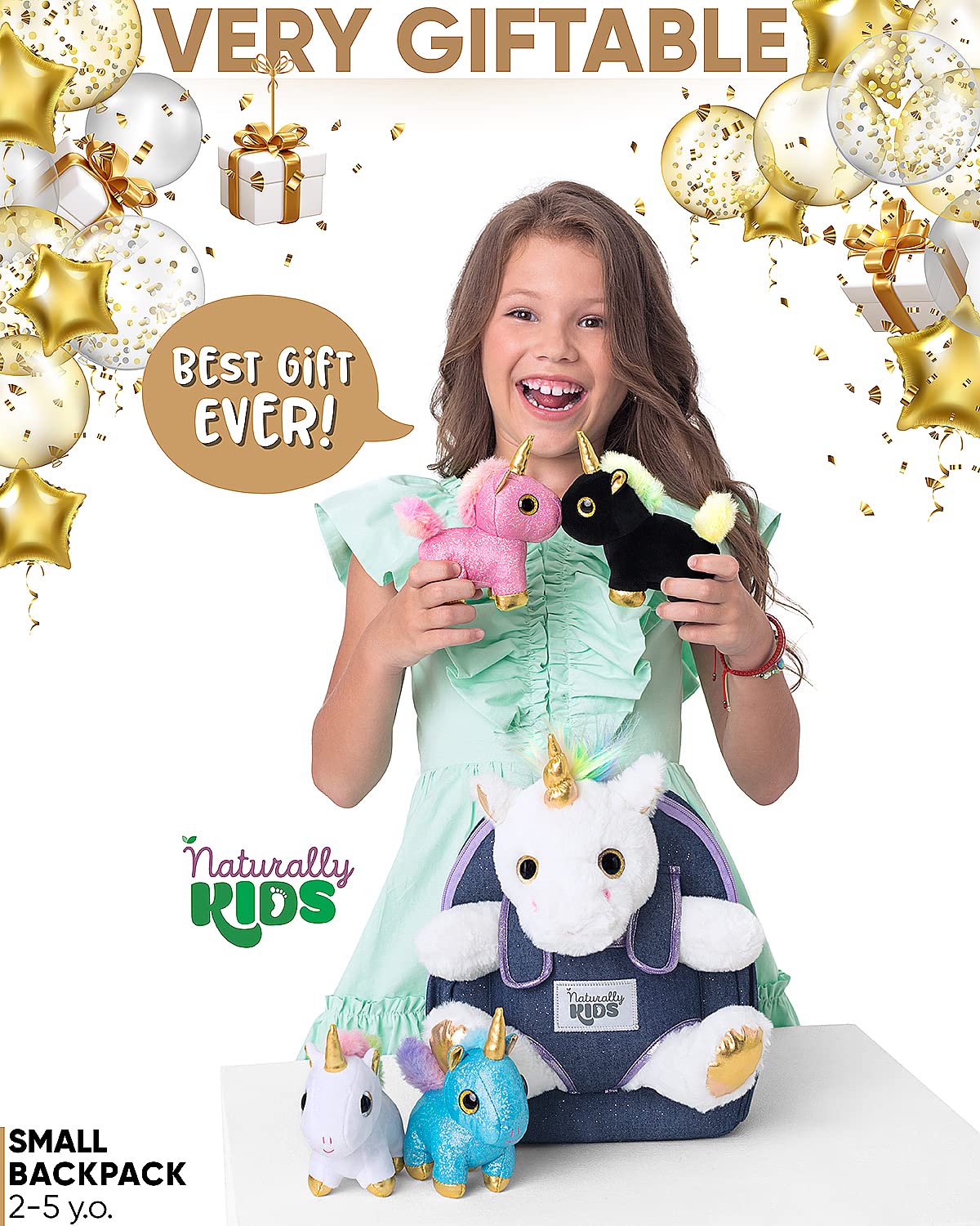 Naturally KIDS Toddler Unicorn Backpack w Plush Unicorn Toys, Gifts for 2-5 Year Old Girls, Toddler Backpack