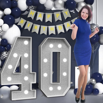 Marquee Numbers Silver 40Th-Birthday Decorations: Large 3Ft Light Up Number Grey 40 Birthday Decoration For Women Men Forty Year