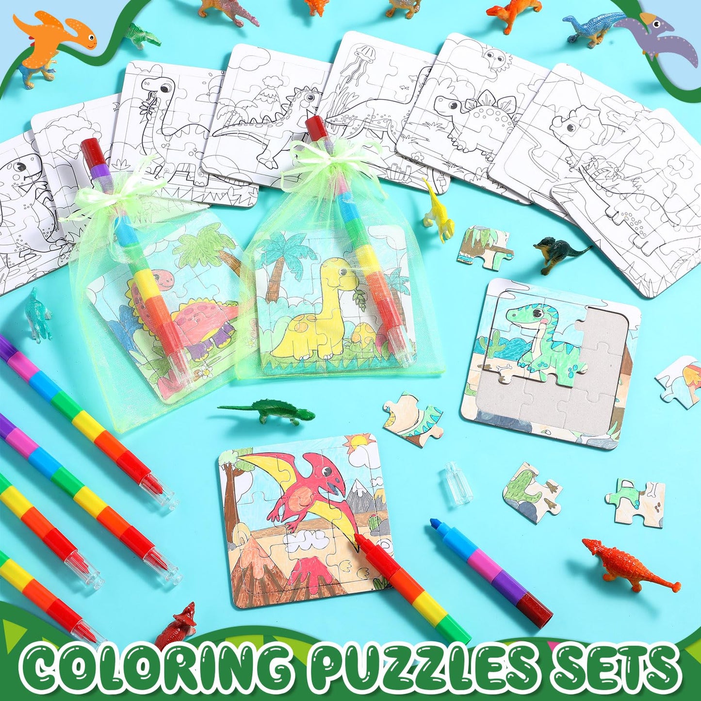 Fullhawl 12 Sets Dinosaur Puzzles for Dinosaur Theme Color Your Own Puzzles DIY Dino Jigsaw Crafts with 12 Stackable Crayons and 12 Bags for Tropical Jungle Gifts Birthday Party Supplies Favors