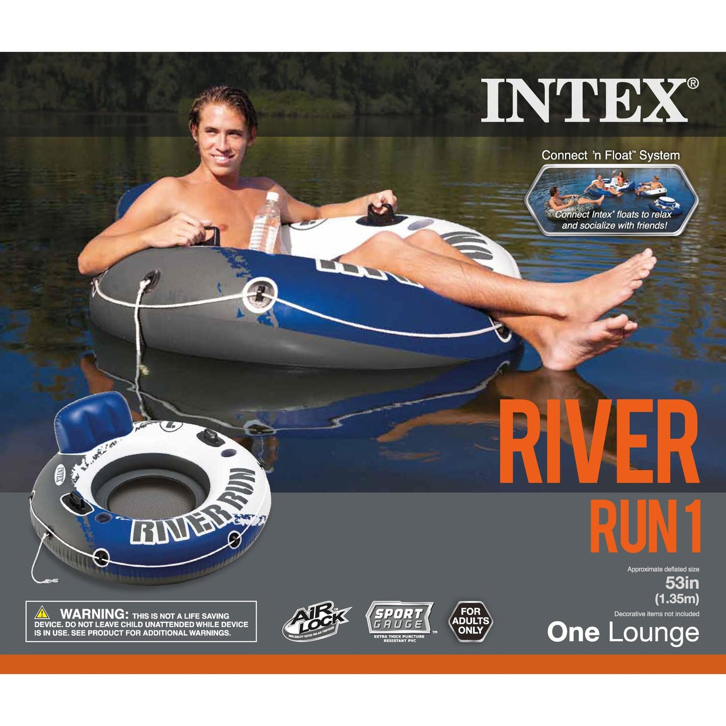 Intex River Run 1-Person Inflatable Floating Water Lounge Tube Raft with Backrest  Cup Holders  and Mesh Bottom for Lake  Pool  River & Ocean  2 Pack