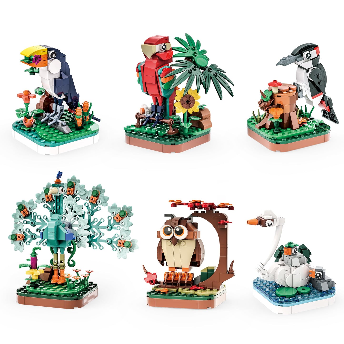 Apostrophe Games Majestic Birds Building Block Kit - 900 Pieces, Plastic - 6 Unique Bird Models in Green, Red, Brown, Black, White