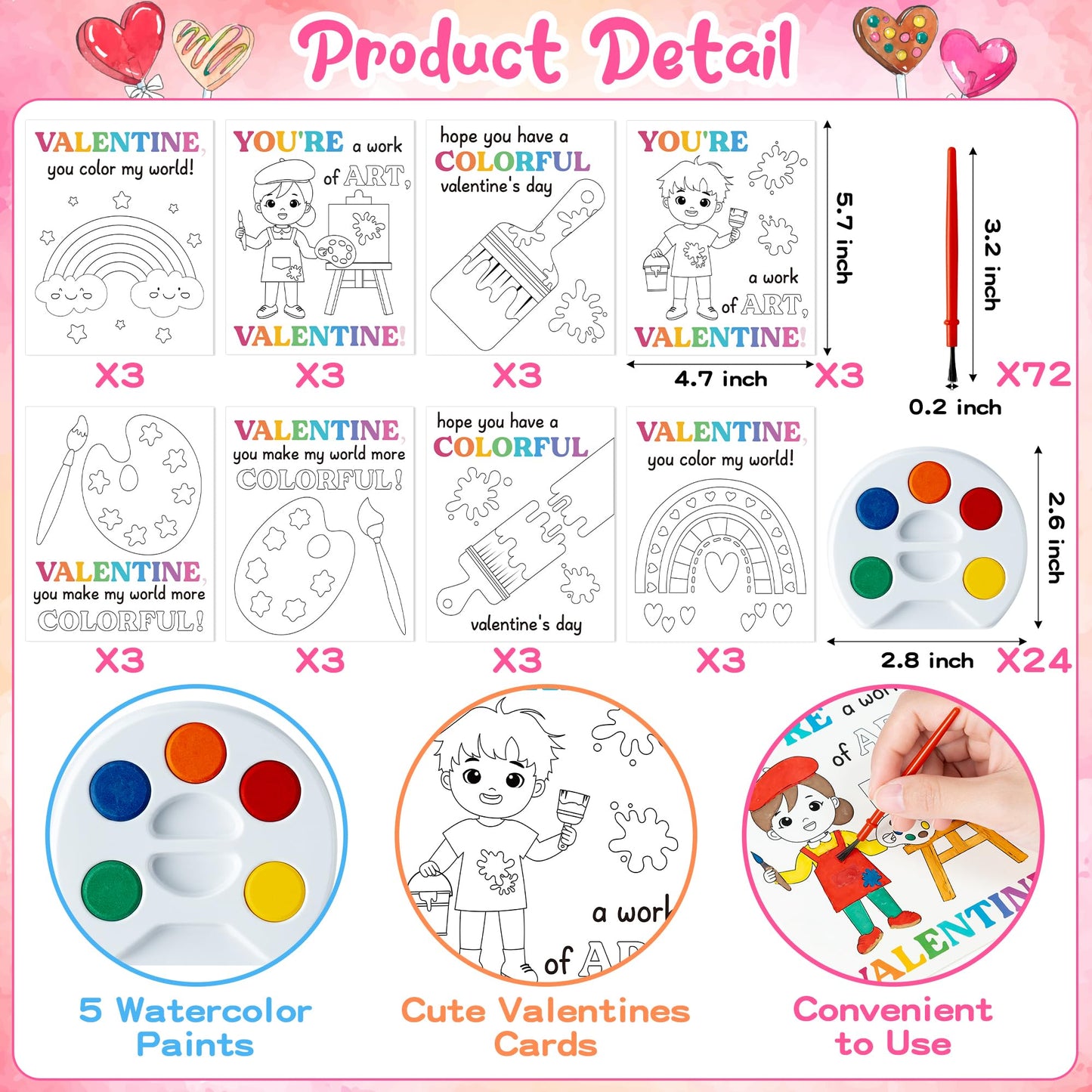 CPicdn 24 Pack Valentines Day Gifts Mini Watercolor Kids Paint Set, DIY Valentines Greeting Card Watercolor Paint Bulk for Boys