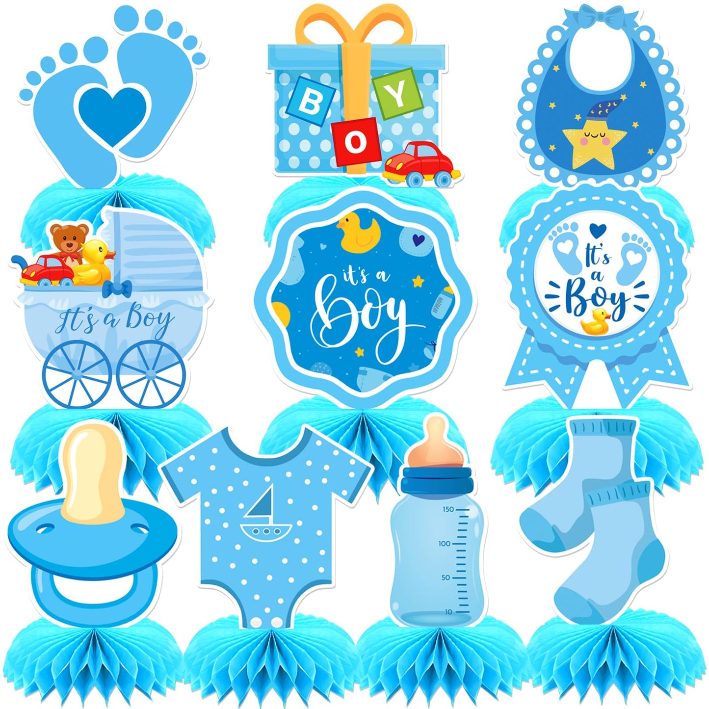 DTOFOOT Blue Baby Shower Decorations - 10 Pcs Honeycomb Centerpieces Table Decor for Boy Party Favors Photo Props