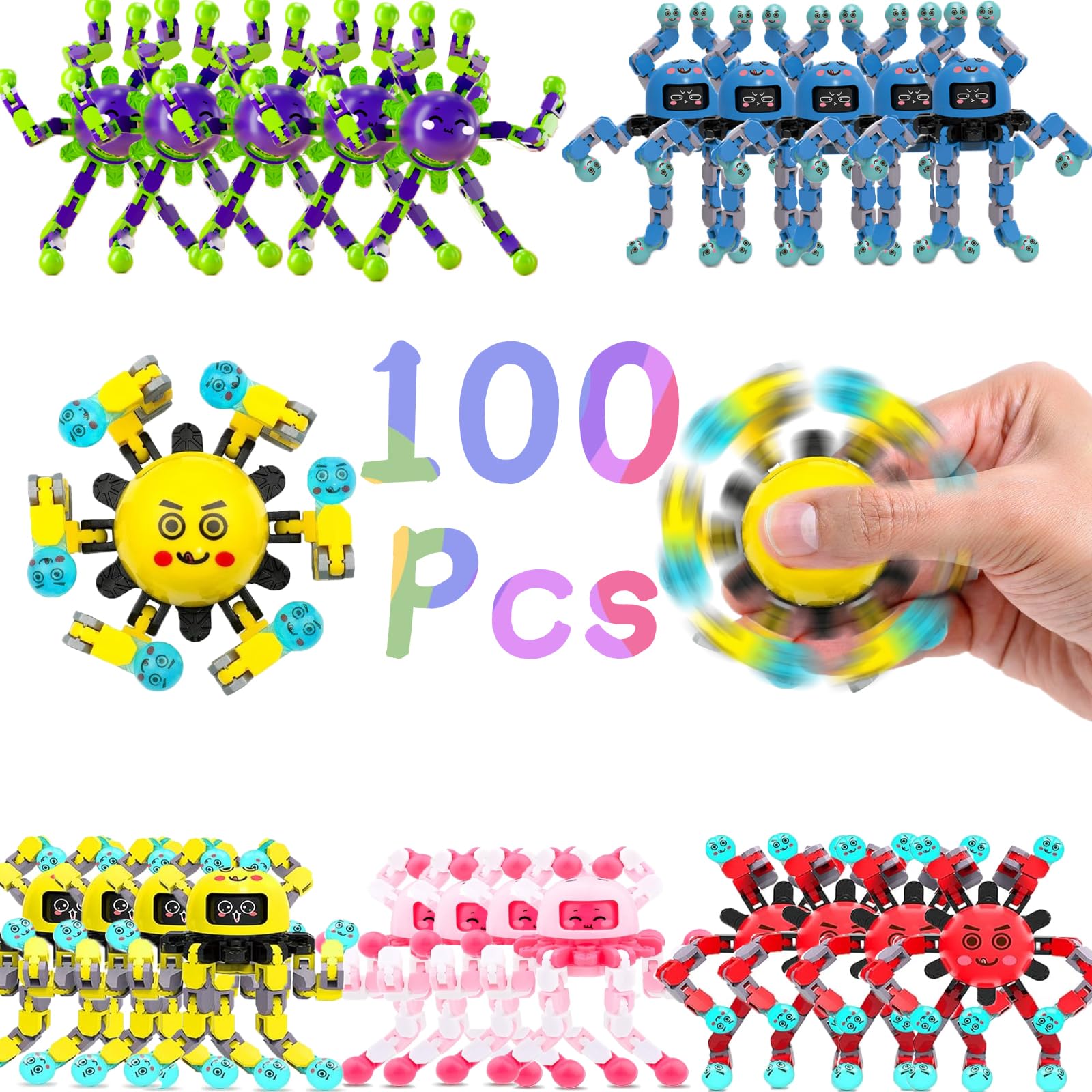100 Pcs Transformable Fidget Spinner Toys For Kids & Adults,Stress Relief Sensory Toys For Boys & Girls, Fingertip Gyros For Adh