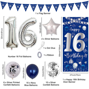 16Th Birthday Decorations For Boys Girls, Blue Silver Happy 16Th Birthday Decorations Door Banner 32'' Number 16 Foil Balloon 33