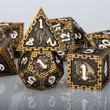 ARUOHHA DND Metal Dice Set Dragon Design D&D Dice Set with Gift Box, Antique Gold D+D Polyhedral Dice for Dungeons and Dragons R