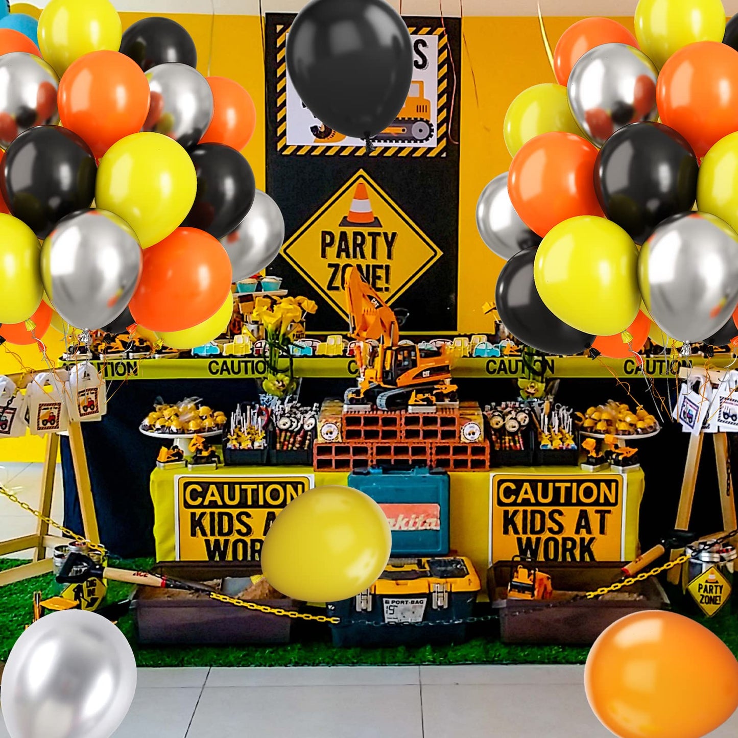Paready 60 Pcs Balloons Set, 12 Inch Rubber Balloons in Black, Orange, Yellow & Metallic Silver for Kids Car Theme Birthday Decorations