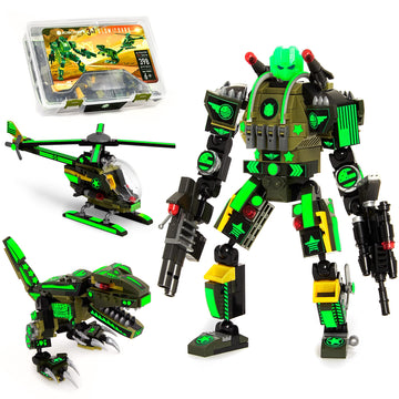 Jitterygit Robot Army Buildable Mech Soldier Glow In The Dark Gift Toy Set, Helicopter Military Creative Stem Project, Dinosaur Building Bricks Kit For Kids Ages 6-11 Years Old