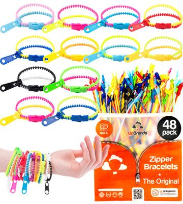Upbrands 48 Fidget Toys Friendship Zipper Bracelets 7 ½”, Party Favors For Kids, Sensory Bulk Set Neon Colors, Kit For Valentines, Birthday, Goodie Bag, Easter Egg Basket Stuffers, Pinata Fillers