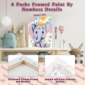 4 Pack Animal Paint By Number For Kids With Wooden Frame-Paint By Numbers For Kids Animals Ages 4-8-12,Easy Elephant Owl Giraffe