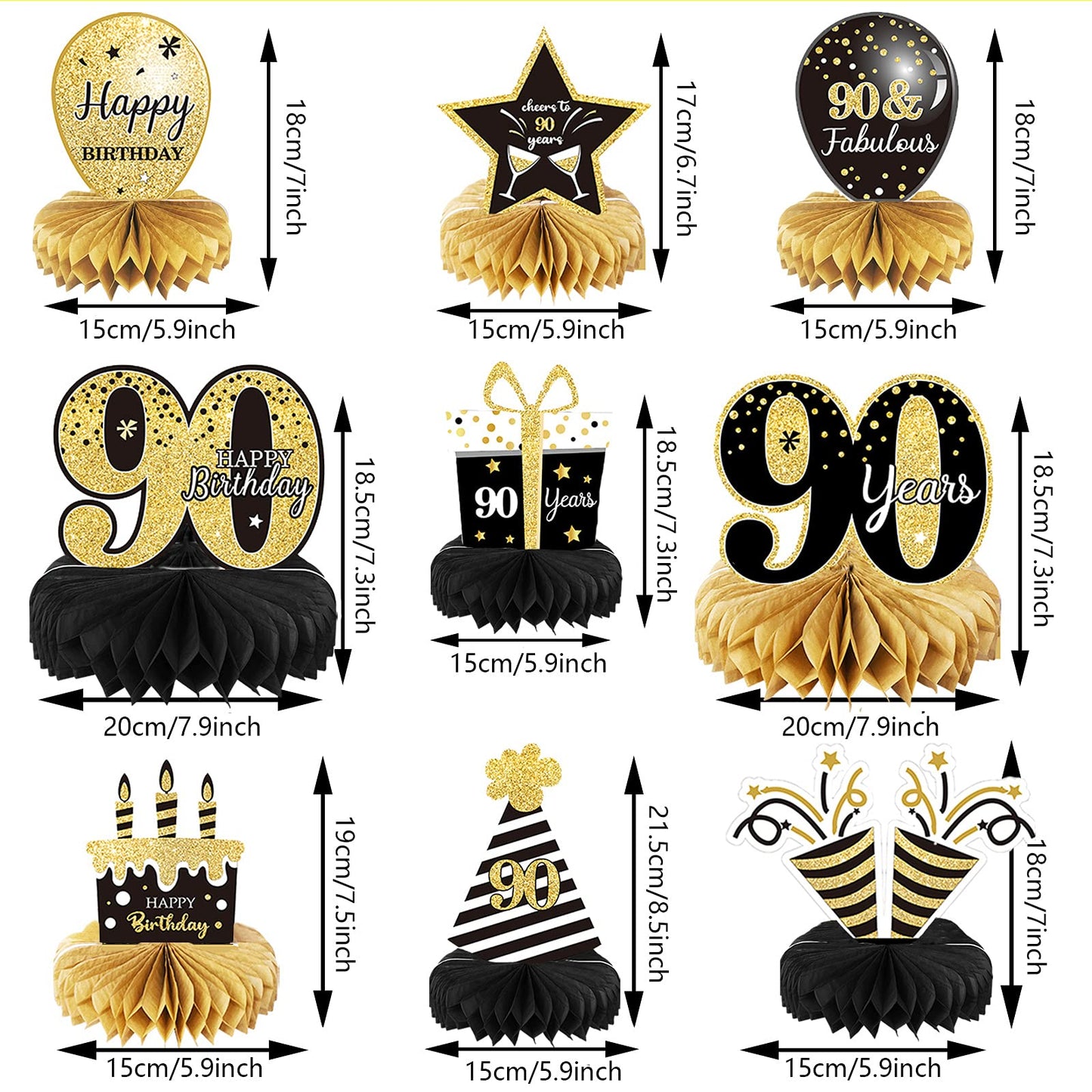 9 Pieces 90Th Birthday Decoration 90 Th Birthday Centerpieces For Tables Decorations Cheers To 90 Years Honeycomb Table Topper For Men And Women Nighty Years Party Decoration Supplies (90Th)