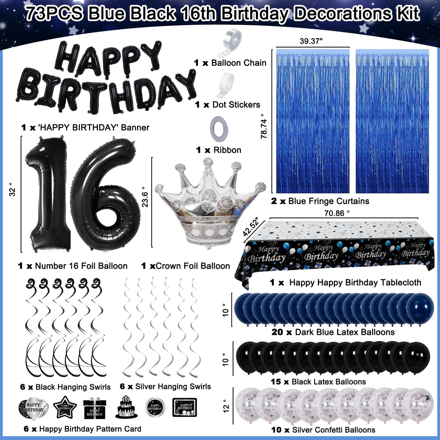 16Th Birthday Decorations For Boys, 73Pcs Blue Black Happy 16Th Birthday Balloons For Girls, 16 Years Old Bday Party Supplies Wi